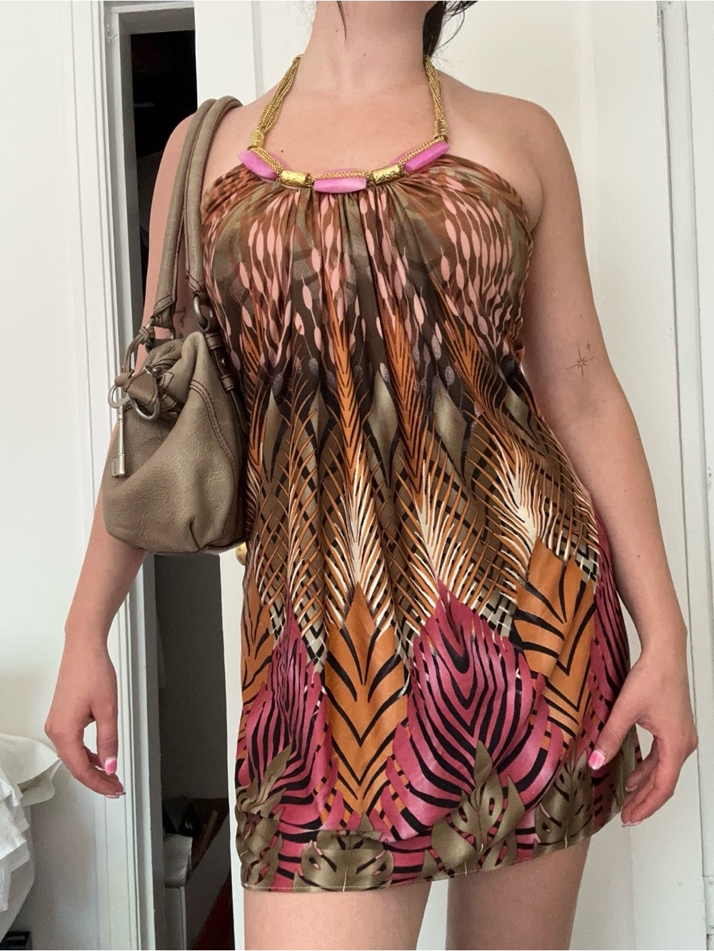 Sky Strapless Dress with Pink and Gold Accents